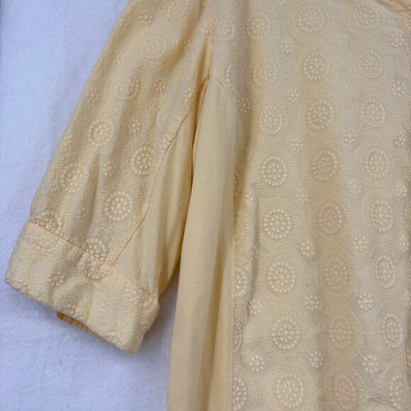 Woman Within Blouse Size 1X Yellow Embroidered Button Up Elbow Sleeve Cotton - Picture 5 of 8